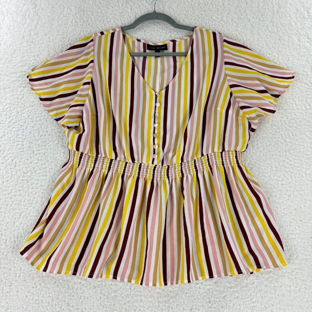 Lane Bryant Yellow Striped‎ Flutter Sleeve Shirt Womens V-Neck Pullover Size 16P